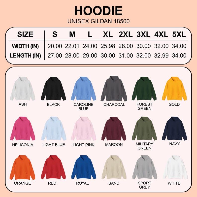 Op de afbeelding: Een kleurentabel met unisex hoodies, in maten van S tot 5XL. De hoodies zijn verkrijgbaar in kleuren als zwart, marineblauw en bordeauxrood. De maattabel toont breedte- en lengtematen in inches, van 50,8 cm tot 86,36 cm.