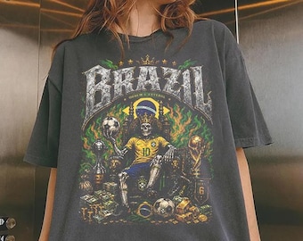 Retro Brasilien Fußball T-Shirt, Brasilien Fußball Komfort Farben Shirt, Brasilien Fußball Grafik T-Shirt, Brasilien Schädel Fußball Weltfan Vintage T-Shirt