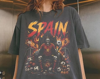 Retro Spanien Fußball-T-Shirt, Spanien Fußball Komfort Farben Shirt, Spanien Fußball Retro Grafik-T-Shirt, Spanien Schädel Fußball Welt Fan Vintage T-Shirt