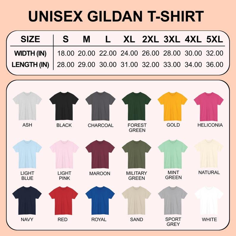 Op de afbeelding: Een verscheidenheid aan Gildan unisex T-shirts in verschillende kleuren, waaronder as, zwart, houtskool, bosgroen, goud en helikonia. De afbeelding bevat een maattabel met afmetingen in inches, vari&euml;rend van S tot 5XL.