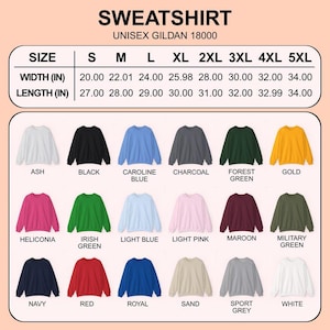 Op de afbeelding: Afbeelding van unisex Gildan 18000 sweatshirts in diverse kleuren, zoals as, zwart en marineblauw. De afbeelding bevat een maattabel met breedte- en lengtematen in inches, vari&euml;rend van S tot 5XL.