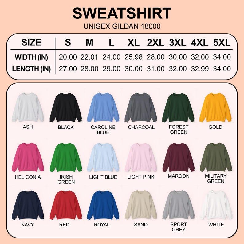 Op de afbeelding: Afbeelding van unisex Gildan 18000 sweatshirts in diverse kleuren, zoals as, zwart en marineblauw. De afbeelding bevat een maattabel met breedte- en lengtematen in inches, vari&euml;rend van S tot 5XL.