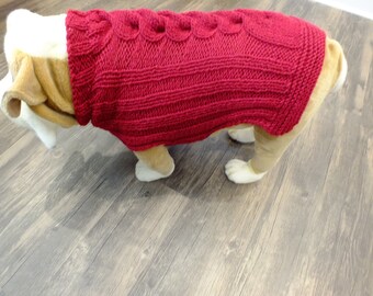 English Bulldog hand knit sweater 18' long Wool Red Cable