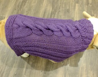 English Bulldog hand knit sweater 18' long Wool Plum Cable