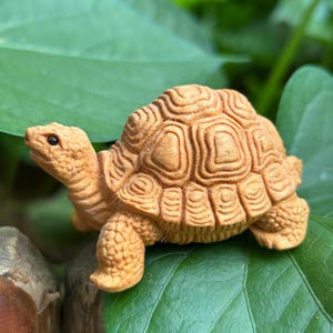 Op de afbeelding: Een gedetailleerd houten schildpadbeeldje met een getextureerd schild en zichtbare gesneden patronen. De schildpad is lichtbruin en rust op een groen blad. Het beeldje heeft kleine poten en een kop met een zichtbaar oog.