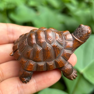 Puede incluir: Una detallada figura de tortuga de madera en miniatura. La tortuga está tallada en una rica madera marrón rojiza, mostrando intrincados patrones de caparazón y piel texturizada. La figura se sostiene en una mano, con un fondo verde borroso.