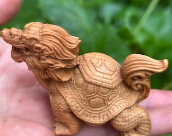 Estatua de tortuga dragón Feng Shui tallada en madera de boj, figura vintage de tortuga Lucy Loong, tortuga tibetana de la longevidad, escultura de bestia, mascota de té ls8