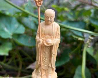 Solid Wood Carved Ksitigarbha Bodhisattva Statue Goddess Statue Meditation Zen Decor Wood Cypress carving God of Wealth Protect Safety