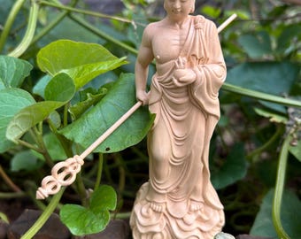 Solid Wood Carved Ksitigarbha Bodhisattva Statue Goddess figure Meditation Zen Decor Wood Cypress carving God of Wealth Protect Safety