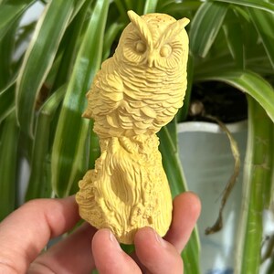 May include: A carved wooden owl figurine in a light yellow color. The owl is perched on a textured base, with detailed feather and eye carvings. The figurine is held in a hand, with green foliage in the background.