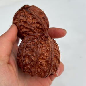 Puede incluir: Dos nueces de madera talladas intrincadamente, sostenidas en una mano. Las nueces son de un rico color marrón, con tallas detalladas en sus superficies. El fondo es un blanco suave y neutro, que resalta la textura y la artesanía.