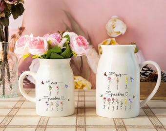 Unique Gifts for Grandma, Gift for Mom, Birth Flower Ceramic Vase, Personalized Flower Vase, Mom Grandma Vase, Floral Ceramic Vase for Mom