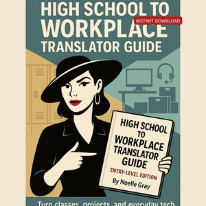 May include: A vintage-style illustration features a woman in a black hat and suit holding a book titled "High School to Workplace Translator Guide." The book's cover is cream-colored with black text. The background includes office-related graphics and text.
