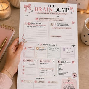 May include: A white paper planner sheet titled The Brain Dump with pink accents, floral illustrations, and sections for organizing thoughts, tasks, and priorities. The layout includes numbered steps, checkboxes, and a daily reminder note at the bottom.