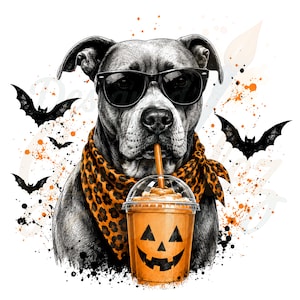 May include: A black and white illustration of a dog wearing black sunglasses and an orange and black leopard print bandana. The dog is drinking from a clear plastic cup with a jack-o'-lantern face, surrounded by black bats and orange paint splatters.