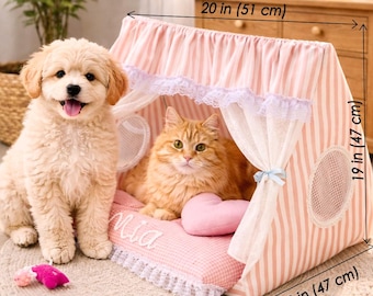 Personalized Cat Tent Bed with Embroidered Name - Handmade Pet Canopy