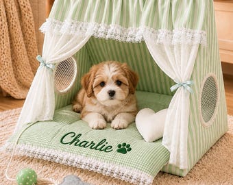 Personalized Puppy Bed House with Embroidered Name, Small Dog Tent Bed