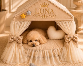 Personalized Small Dog House Bed, Soft Velour Pet Tent with Heart Pillow and Toys