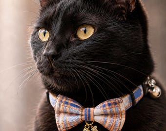 Personalized Plaid Cat Collar with Bow Tie and Rhinestone Charm