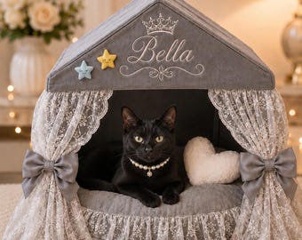 Personalized Enclosed Cat Bed, Beige or Gray Velour Cave with Heart Pillow and Toys
