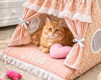 Personalized Cat House Bed, Canopy Tent, Embroidered Name Cozy Haven