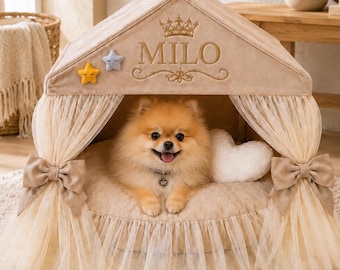 Personalized Pomeranian House Bed, Beige or Gray Velour Small Dog Tent with Name, Heart Pillow and Toy Set