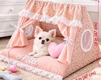 Personalisiertes Hundetipi-Bett mit Spielzeug, kleines Hundezelt für Innen, gestickter Name, waschbarer Bezug