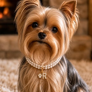 May include: A Yorkshire Terrier with long tan and black fur wearing a double-strand white pearl collar. The collar features a gold-toned charm set with small clear stones in the shape of a paw print and the capital letter R hanging from the center.