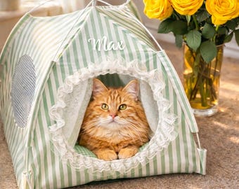 Cama tipi personalizada para gatos, casita de interior para gatos, regalo con nombre bordado para amantes de los gatos.