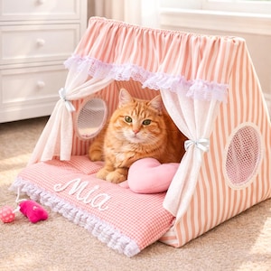 Cama tienda de campaña personalizada para gatos – Casita con dosel hecha a mano con nombre bordado