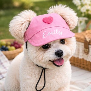 May include: A small, fluffy, light-colored dog wearing a pink visor cap. The cap features a pink heart patch on the crown and the name Emily embroidered in white script on the brim. A thin black chin strap secures the visor under the dog's chin.
