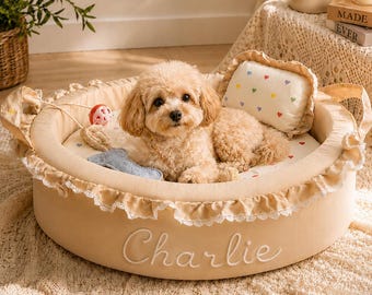Personalized Small Dog Bed - Luxury Round Puppy Bed with Pillow and Toys - Dog Gift
