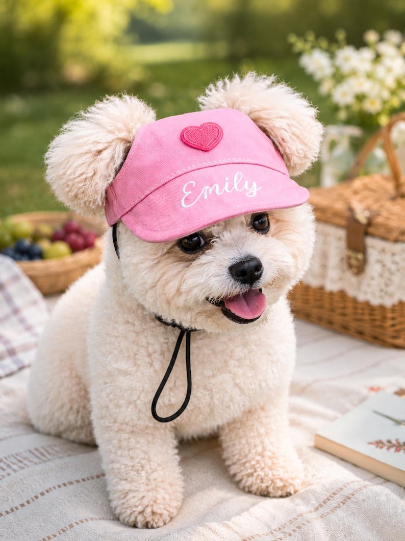 May include: A small, fluffy, light-colored dog wearing a pink visor cap. The cap features a pink heart patch on the crown and the name Emily embroidered in white script on the brim. A thin black chin strap secures the visor under the dog's chin.