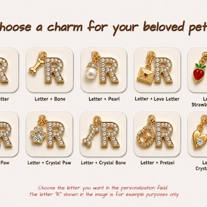 May include: A collection of gold-toned letter R charms featuring clear crystals, paired with various miniature pendants including a bone, pearl, love letter, strawberry heart, paw print, crystal paw, crystal bone, pretzel, and crystal heart.