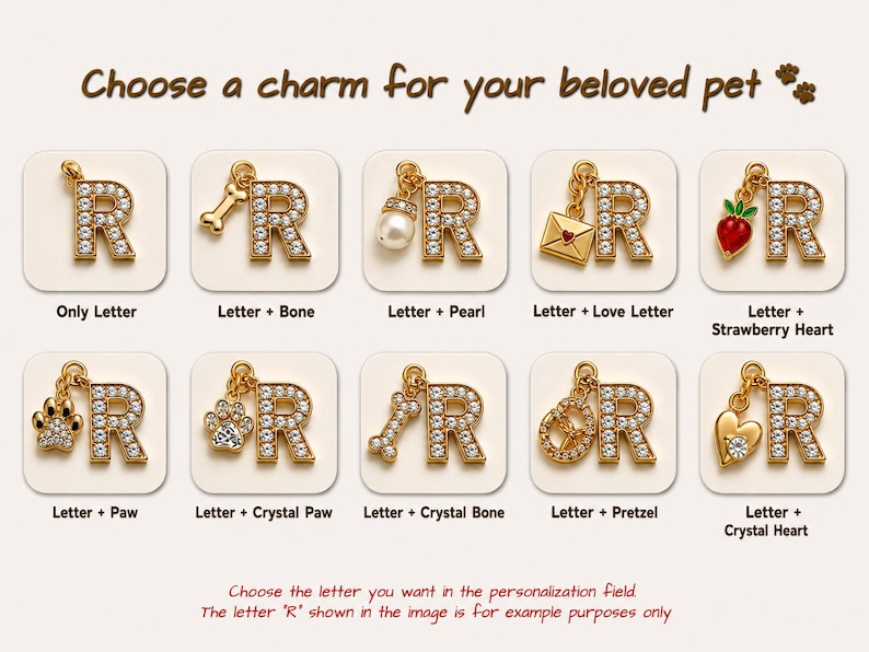 May include: A collection of gold-toned letter R charms featuring clear crystals, paired with various miniature pendants including a bone, pearl, love letter, strawberry heart, paw print, crystal paw, crystal bone, pretzel, and crystal heart.