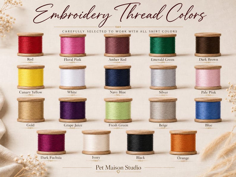 May include: A collection of nineteen wooden spools of embroidery thread in various colors including red, floral pink, amber red, emerald green, dark brown, canary yellow, white, navy blue, silver, pale pink, gold, grape juice, fresh green, beige, blue, dark fuchsia, ivory, black, and orange.