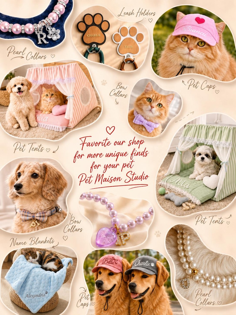 May include: A collection of pet accessories including pearl collars with letter charms, wooden paw-shaped leash holders, pink and grey pet caps with embroidered names, striped pet tents with lace trim, and a blue blanket with the name Alexandria.
