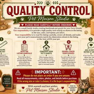 May include: An informational graphic titled QUALITY CONTROL by Pet Maison Studio. It features five numbered steps for ordering pet goods, including measuring, reading listings, considering habits, checking choices, and asking questions before purchase.