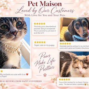 May include: A promotional graphic for Pet Maison featuring three photos of pets wearing pearl necklaces with letter charms. The text includes Pet Maison, Loved by Our Customers, With Love for You and Your Pets, Paws Make Life Prettier, and customer reviews.