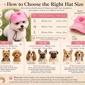 May include: A pink pet visor with a heart patch and the name Emily embroidered on the front. The image includes a sizing chart with head circumference and visor length measurements in inches, alongside breed examples for sizes S, M, and L.