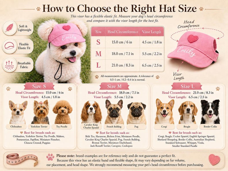 May include: A pink pet visor with a heart patch and the name Emily embroidered on the front. The image includes a sizing chart with head circumference and visor length measurements in inches, alongside breed examples for sizes S, M, and L.