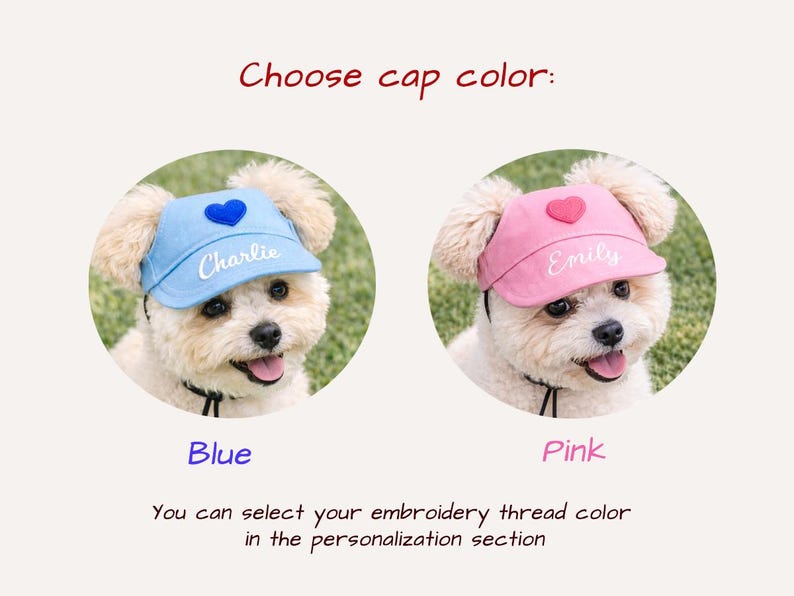 May include: Two pet visor caps, one light blue and one pink, each featuring a heart patch on the front and custom embroidery. The blue cap displays the name Charlie, and the pink cap displays the name Emily. Text reads: Choose cap color.
