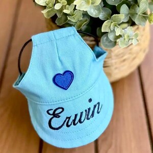 May include: A light blue pet visor featuring a dark blue embroidered heart patch centered above the name Erwin, which is stitched in black cursive script. The visor includes a thin black elastic strap for secure placement.