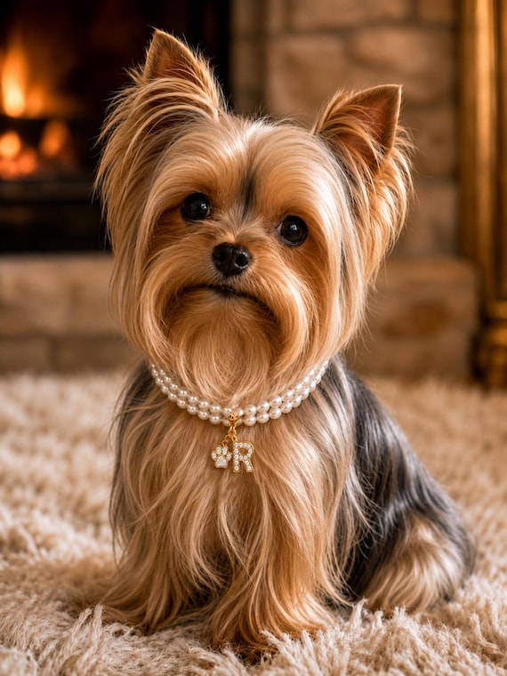 Personalized Pearl Yorkshire Terrier Collar with Initial Charm, Luxury Yorkie Jewelry Gift