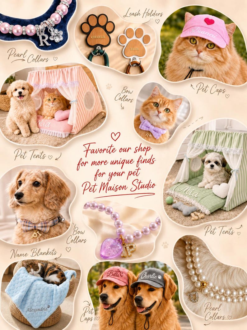 May include: A collection of pet accessories including pearl collars with letter charms, paw-shaped leash holders, pink and grey pet caps with embroidered names, striped pet tents with lace trim, bow collars, and a blue textured name blanket.