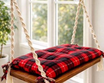 Personalized Cat Window Hammock: Handmade Wooden Perch Bed, No-Drill Mount