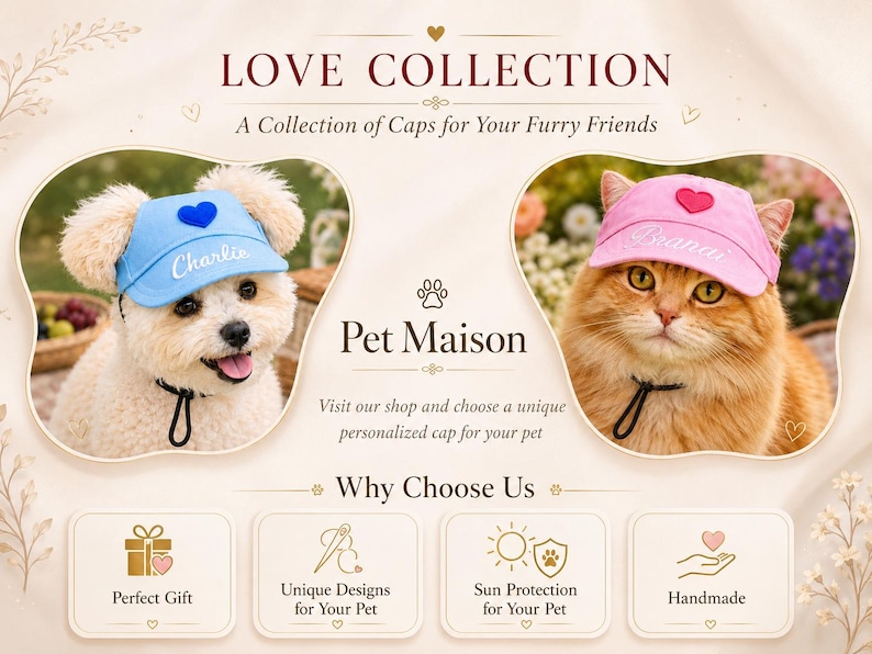 May include: A light blue pet cap with a dark blue heart and the name Charlie, and a pink pet cap with a red heart and the name Brana, both featuring adjustable black chin straps. The text reads LOVE COLLECTION, Pet Maison, and Why Choose Us.