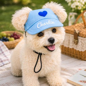 May include: A light blue pet cap featuring a dark blue heart patch on the front and the name Charlie embroidered in white script. The cap includes a black adjustable chin strap and is designed with openings for ears to protrude through the sides.