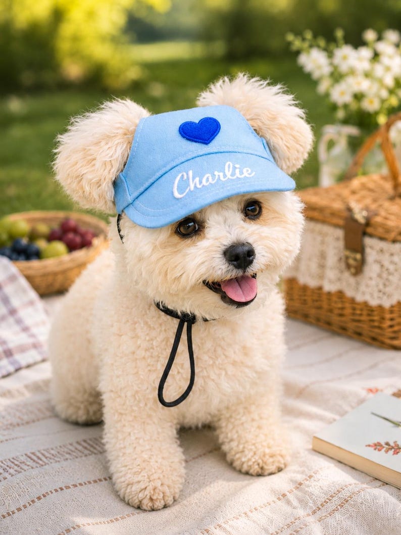 May include: A light blue pet cap featuring a dark blue heart patch on the front and the name Charlie embroidered in white script. The cap includes a black adjustable chin strap and is designed with openings for ears to protrude through the sides.