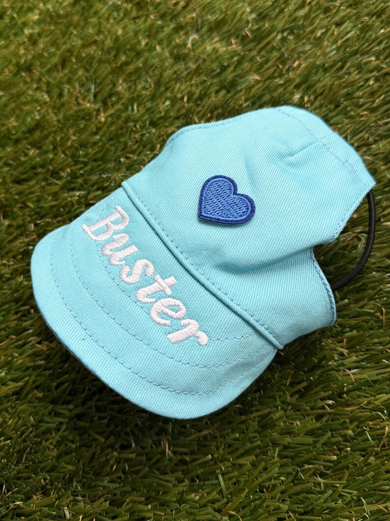 May include: A light blue pet cap featuring a curved brim with the name Buster embroidered in white thread. The crown of the cap is adorned with a small, dark blue embroidered heart patch. A thin black elastic strap is attached to the side.